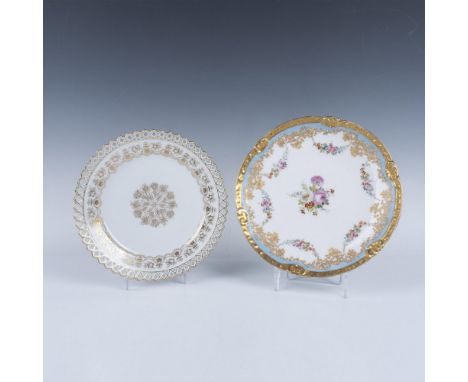 Collection includes Abram French Co. American white porcelain plate with a pierced rim and gilt floral trim and center. Also 