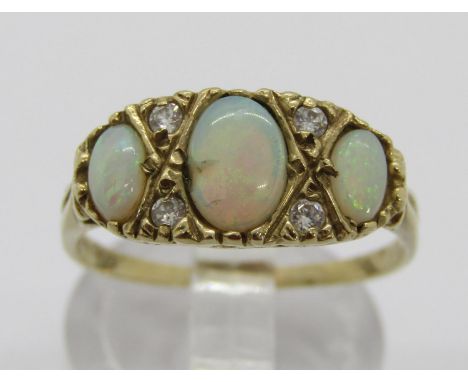 9ct opal and colourless stone dress ring, size P/Q, 2.5g (centre opal chipped) 