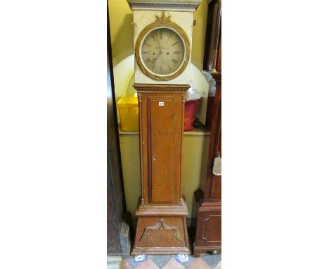 A 19th century German longcase cottage clock, the pine case enclosing a circular painted dial and eight day movement, Hans St