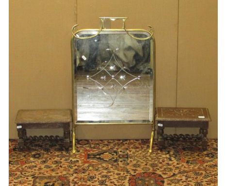 A near pair of small Victorian footstools in oak, 30cm long x 19cm high, together with a brass and glass firescreen 