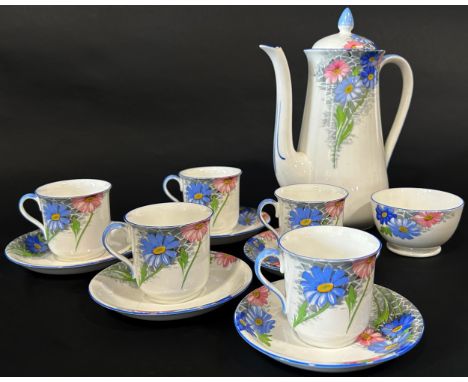 A collection of Shelley blue daisy pattern teaware, a Wedgwood Kutani Crane coffee pot and sucrier and cream jug, etc 