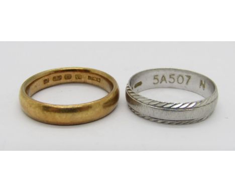 22ct gold wedding ring, size L/M, 5.8g and a further 950 platinum example, size M, 3.4g (2) 