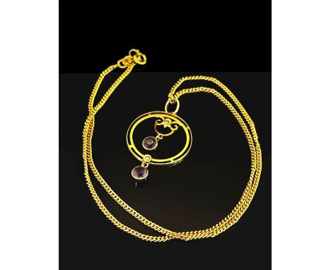 Edwardian 9ct seed pearl and amethyst drop pendant, hung from a modern 9ct chain necklace, chain 41cm L approx, 5.3g 