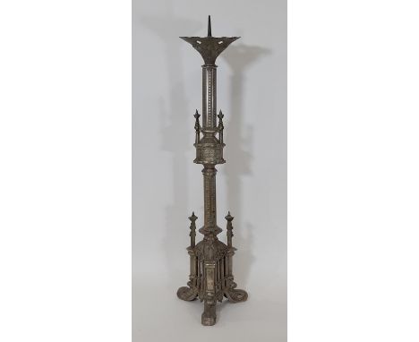 A tall 19th century ecclesiastical gothic silver plated pricket candlestick, with architectural detail, 67cm high, together w