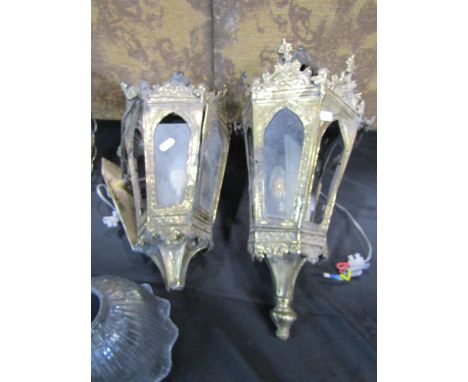 A pair of embossed brass tapering hexagonal wall lights, cut glass and brass hall lantern, pair of painted wall sconces, etc 