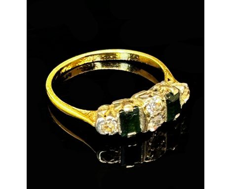 Art Deco 18ct vari-cut emerald and diamond ring with platinum setting, size N, 2.8g 