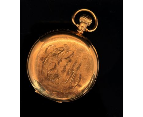 An 18ct yellow gold cased fob watch, the white enamelled dial with black Roman numerals and subsidiary seconds dial, enclosin