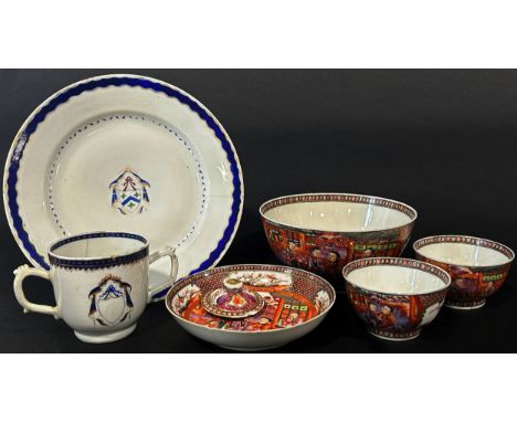 18th century Chinese bowl with polychrome finish, characters in interior settings, 14 cm diameter, two further matching tea b