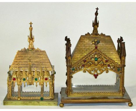 A small late 19th century alter top ecclesiastical reliquary casket, of architectural form with glazed panelled sides, with p