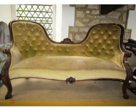 A Victorian mahogany framed parlour room sofa, with shaped outline and upholstered finish, 