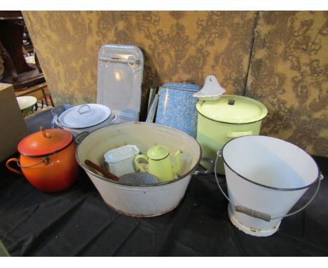 A large quantity (3 boxes) of 19th century and later enamel ware, all domestic pieces, 