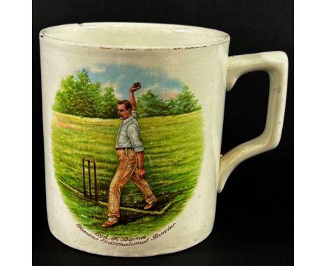 Cricketing Memorabilia - An Edwardian ceramic tankard celebrating Sydney Barnes taking six wickets for 24 runs with the Engli