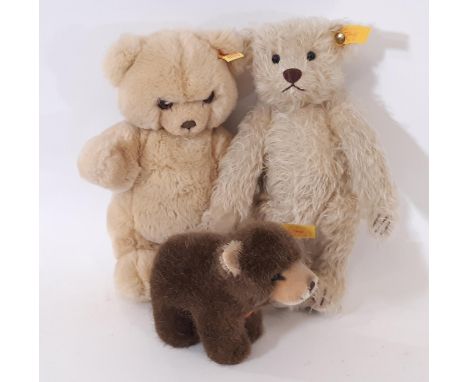 Three Steiff toys all with yellow tag and pin in ear comprising Classic Mohair Teddy 005350 26cm, Petsy Bear 0233/28 and 'Bro