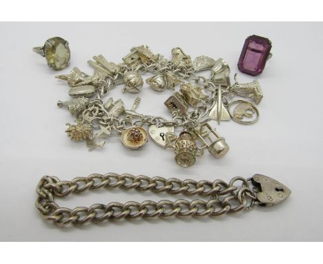 Good silver charm bracelet with novelty charms including an easel blackboard and a corkscrew, a further silver curb link brac