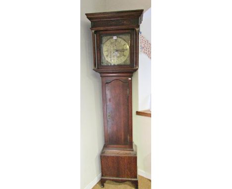 A Georgian oak cottage longcase clock, the square brass dial with engraved detail showing a farmhouse amongst orchards, with 