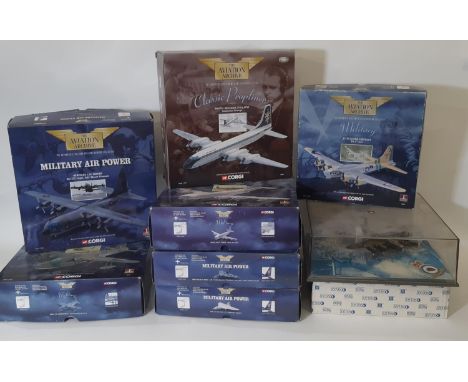 Seven boxed model aircraft from Corgi Aviation Archive Military Power and Classic Propliners ranges, all 1:144 scale together