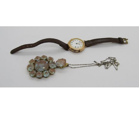 Antique saphiret cluster pendant on associated silver chain necklace, together with a vintage 9ct watch on leather strap (vac