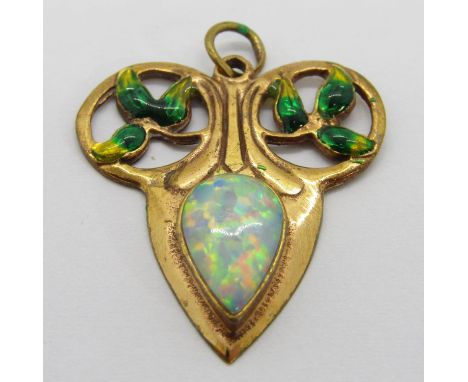 A silver gilt pear-cut opal and enamel pendant in the Arts &amp; Crafts style, possibly by Murrle Bennett, marked verso ‘950M