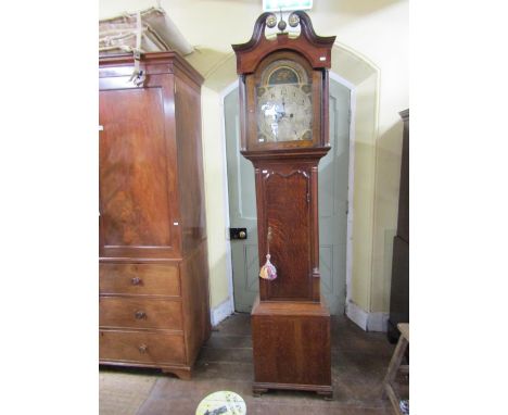 A Georgian oak longcase clock, the hood with swan neck pediment enclosing a broken arch painted dial, eight day striking move