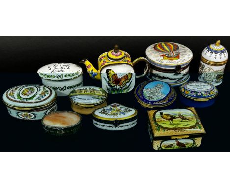 A collection of Halcyon Days enamelled boxes, further examples by Crummles, a few porcelain examples, etc 