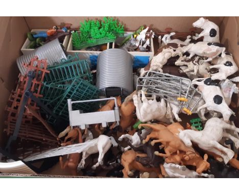 A boxful of Britains plastic farmyard toys including  animals, figures, fencing, stys together with metal pig arcs, water tro