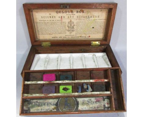 A Victorian Reeves &amp; Sons mahogany Colour Box with some original water colour tablets and ceramic mixing plate. 