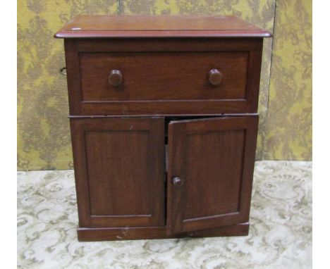 A Victorian mahogany commode with blue and white transfer printed bowl by R J Wiss, patentee 87 St Martins Lane London, with 