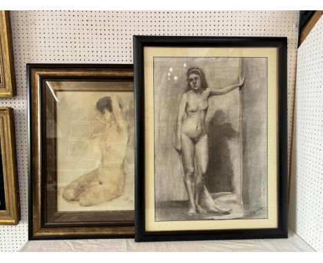 A framed drawing and print, to include: Malcolm (British, Late 20th Century) - Study of a female nude standing, charcoal on p