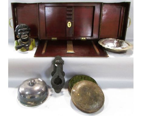 A 19th century bed folding reading tray, a Dinah money box, muffin tray, door knocker, leather collar box 