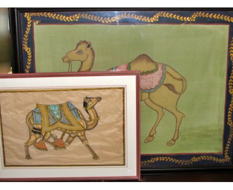 Eight framed works to include: Two large 20th century Mughal style paintings of camels, gouache and gold paint on fabric, lar