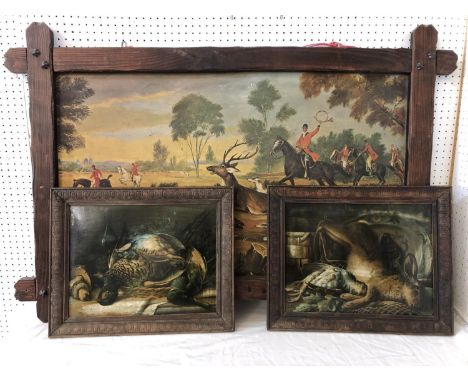 Three 19th/20th century framed prints, to include: A deer hunting scene in tramp art frame, printed in colours, 56 x 96 cm, f