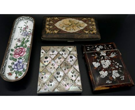 Two Victorian card cases, one in mother of pearl the other in tortoiseshell and mother of pearl (AF) two plate glass photo fr