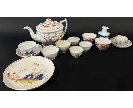 A collection of 19th century porcelain tea bowls (8), further saucers, mid 19th century teapot with chinoiserie decoration an