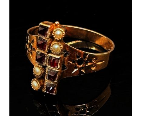 Unusual yellow metal garnet coloured paste and seed pearl ring with pierced detail, size N/O, 1.8g 