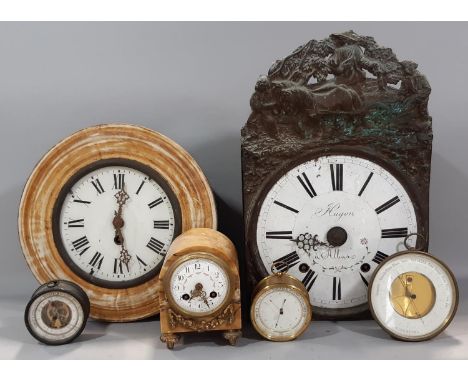 A mixed groups of clocks and barometers to include a large vineyard clock with enamelled dial, a small marble cased mantle cl