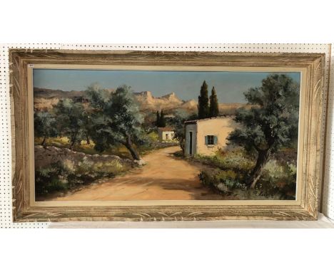 R. Lucas (20th Century) - Continental mountain path with trees and buildings, signed lower right, oil on canvas, 60 x 120 cm,