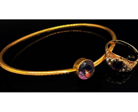 Antique 9ct amethyst bangle (af), 4.4g and an antique style 9ct amethyst and seed pearl ring, maker 'J&amp;P', London 1970, s