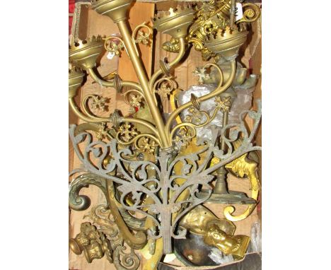 A mixed group of 19th century ecclesiastical and other lighting elements and components to include a trefoil candlestick, can