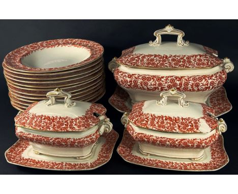 A 19th century part dinner service by Royal Worcester in a red and white colourway with repeating floral detail comprising se