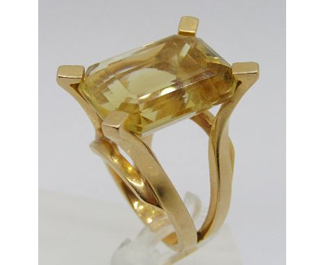 Impressive vintage yellow metal citrine cocktail ring with raised setting, in the style of Dinh Van Paris, dog's head stamp t