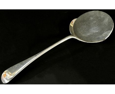 A silver tomato serving spoon with a flat round bowl, Sheffield 1911, Harrison Brothers &amp; Howson, 22.5cm long, 3.3oz appr