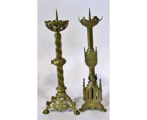 A 19th century continental Puginesque gilt brass ecclesiastical pricket candle stick, with pierced architectural decoration f