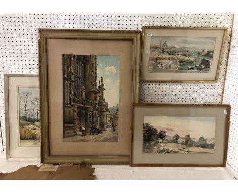 Four Watercolours, to include: Richard Taylor Bellhouse - 'Entrance to Bath Abbey', watercolour, signed below with label vers