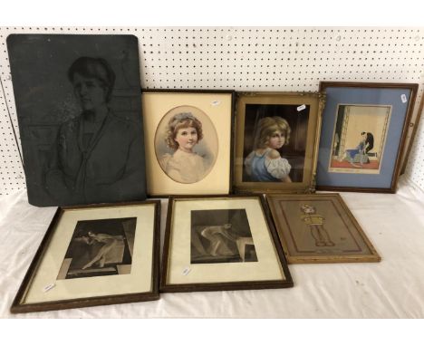 A group of paintings, drawings and prints, to include: Ettore Tito (Italian, 1859-1941) - Art Deco pochoir print of a lover's