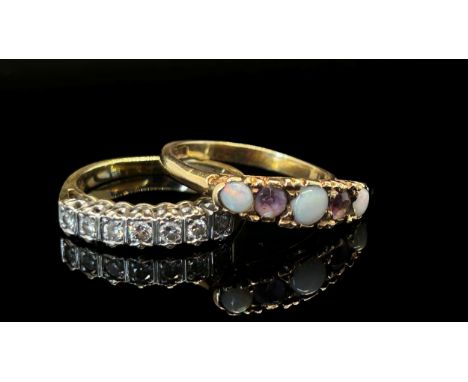 9ct diamond seven stone ring and a further 9ct opal and amethyst five stone ring, both size N, 5.8g total (2) 