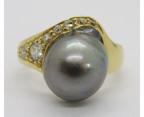 18ct diamond and Tahitian pearl dress ring, cross-over mounted with a single pearl and seven old-cut diamonds, stamped '750',