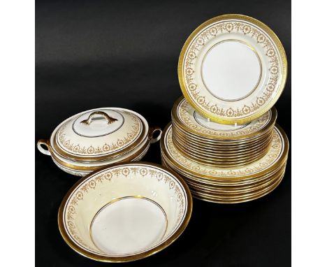 Aynsley Golden Dowery tea and dinner wares including tureens, coffee pot, etc, 10 dinner plates, 19 side plates, one tureen w