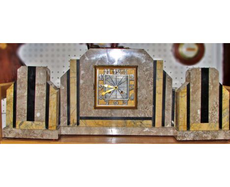 A continental polished marble mantle clock garniture, in the Art Deco style (3) 