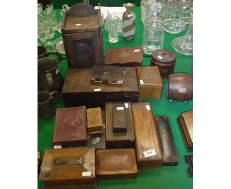 A collection of various wooden and lacquered boxes, a smoker's cabinet, oak tea caddy, resin figural chess pieces, etc