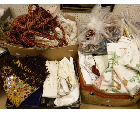 Three boxes of assorted textiles to include handbags, kid gloves, vintage Ikea fabric, rope tie back etc